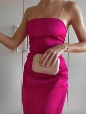Zara Satin Effect Dress with Jewel Straps in Fuschia